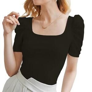 Women’s Puff Short Sleeve Pullover Top Square Neck Solid Black Size L